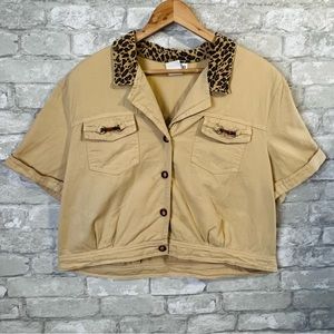 Vintage Nina Piccalino Women's 16 Khaki Button Up Shirt w Velvet Leopard Collar